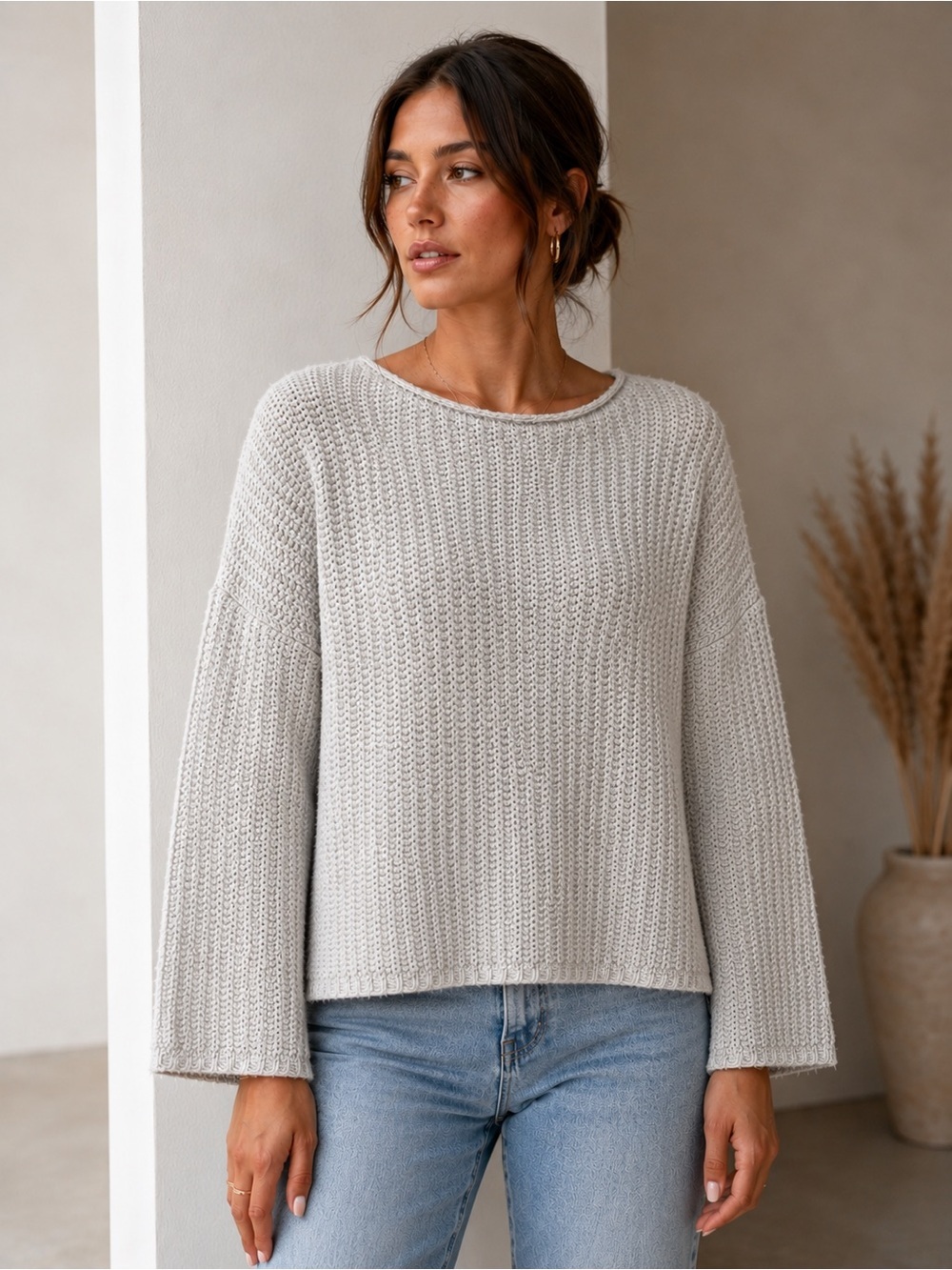 Lou & Grey Textured Knit Sweater Boxy Relaxed Fit Cream Size M